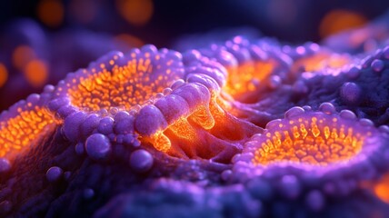 Fototapeta premium A vibrant, microscopic view of cells illuminated by glowing orange structures, showcasing intricate details and textures in a colorful, abstract setting.