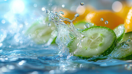 Fresh cucumbers and citrus fruits splash in clear water, creating refreshing and vibrant scene. droplets capture essence of summer, evoking sense of coolness and vitality