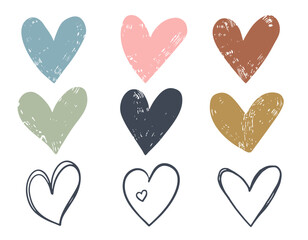 Hand drawn hearts collection. Heart doodles set. Grunge texture. Sketch. Hearts set for cards, posters, banners.