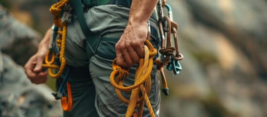 Climber's unwavering grip on safety rope, ready for a rock adventure