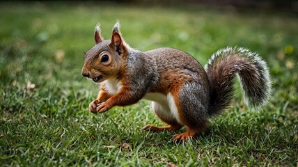Obraz premium Squirrels will jump on the ground with short grass