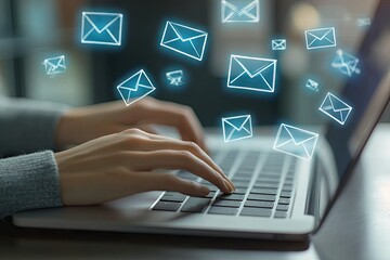 Woman typing email on laptop, digital mail icons float above