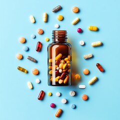Assortment of colorful pills and tablets in a glass bottle on a light blue background, healthcare and medical concept. Medicine