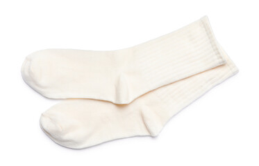 Pair of socks isolated on white, top view