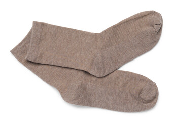 Pair of brown socks isolated on white, top view