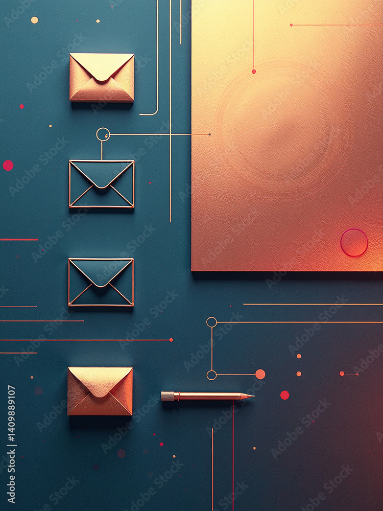 Poster A Business Office Setting Features An Abstract Geometric Design With A Bright Metallic Gradient And Elements Like Envelopes, Lines, And Symbols.