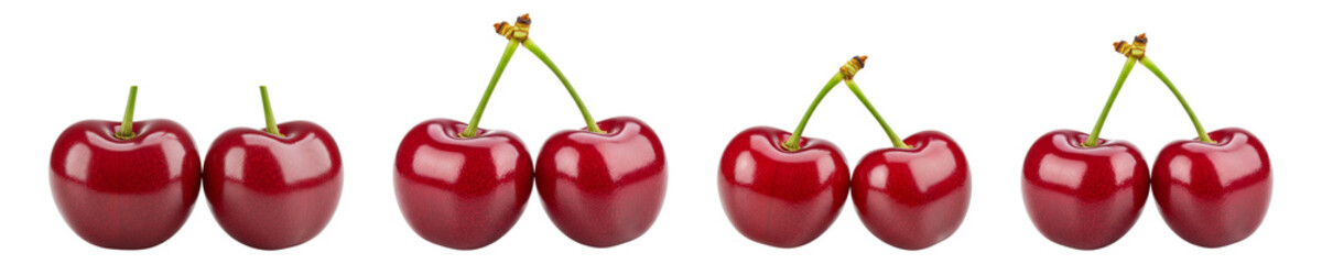 Six luscious ripe cherries vibrant red and glossy arranged in pairs against a stark black background A perfect image for food blogs recipes or commercial use showcasing the exquisite AI Generative