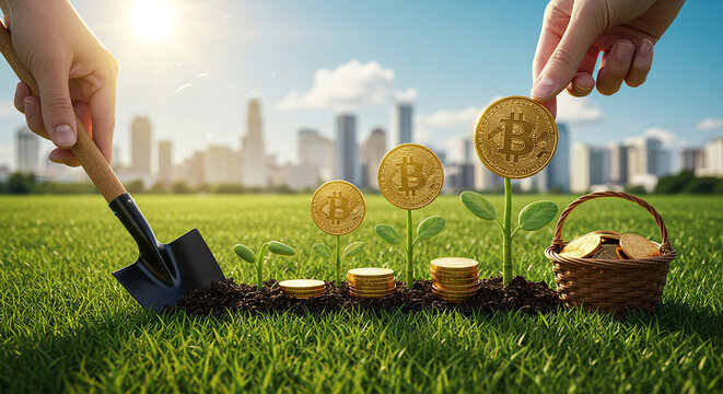 Gold coins with Bitcoin symbol germinating like plant seedlings, growth, appreciation, investments in cryptocurrencies.