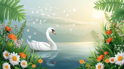 Obraz premium Serene swan in floral landscape