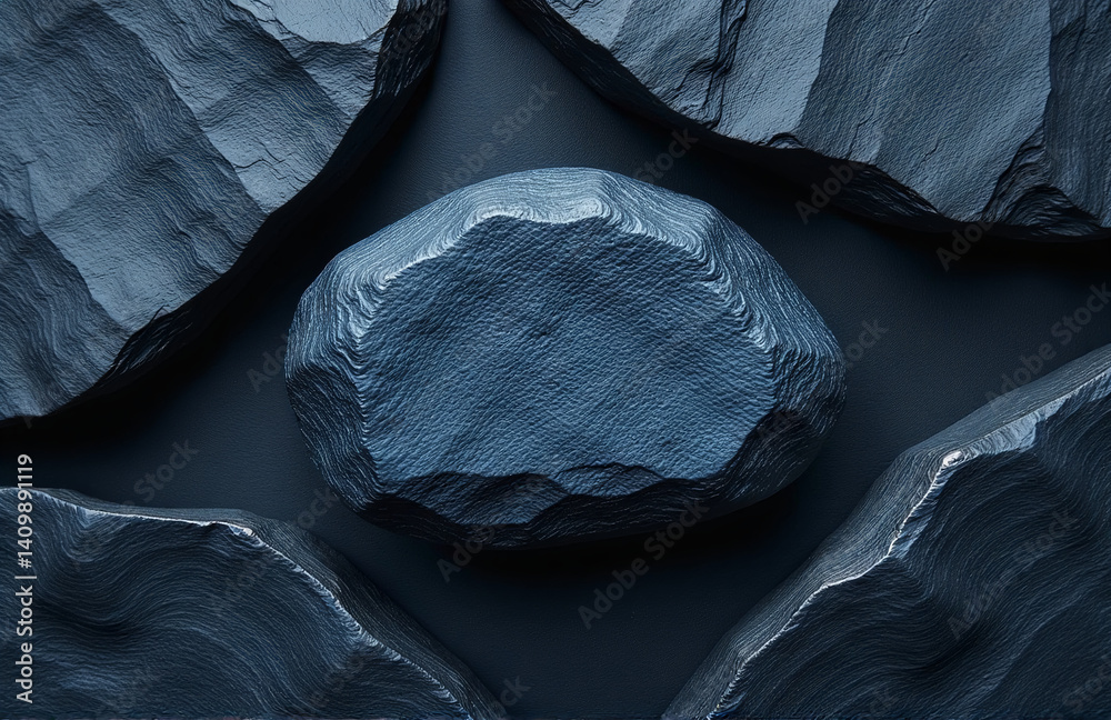Poster a dark blue stone texture sits atop a black rock background with an abstract blue stone design surro