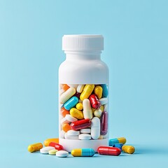 Assortment of colorful pills and tablets in a glass bottle on a light blue background, healthcare and medical concept. Medicine