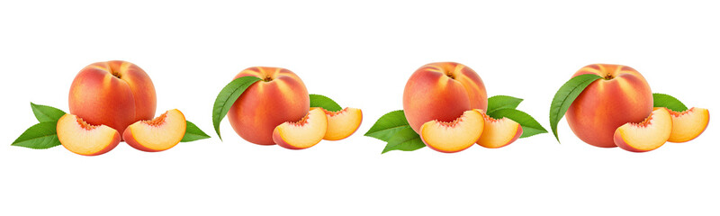 Juicy ripe peaches with vibrant red skin and golden flesh perfectly sliced and ready to eat against...
