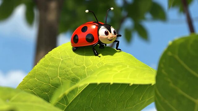 Cartoon ladybug on leaf, sunny day, nature background, children's book illustration