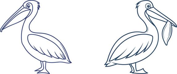 Outline Illustration Of Two Pelicans One Catching Fish In Beak
