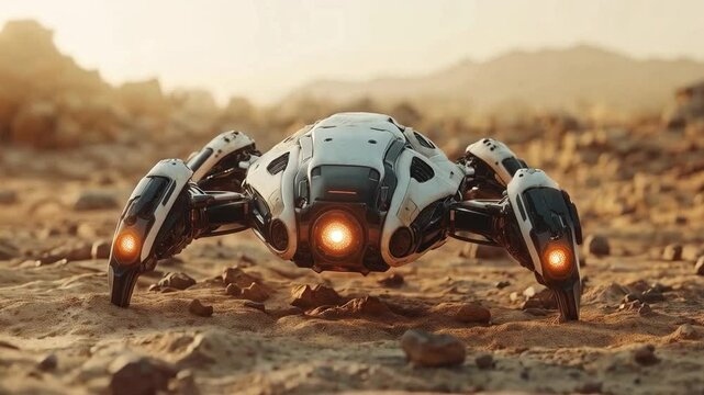 A humanoid explorer equipped with advanced technology navigates rocky terrain on an alien planet, analyzing surroundings under a sunlit sky. The scene captures the essence of space exploration.