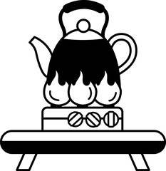 black and white single icon of teapot on camping stove