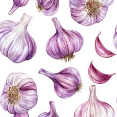 Fresh Purple Garlic Cloves and Bulbs on White Background
