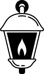 black and white icon of a camping lantern with a flame is lit
