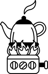 black and white icon of teapot on camping stove