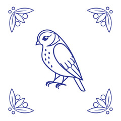 Elegant Blue Bird Line Art With Decorative Floral Elements Illustration
