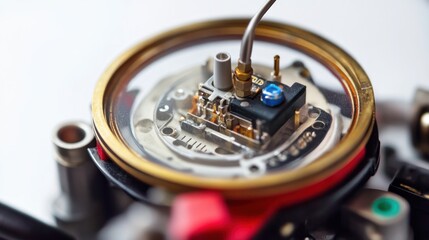 Close-up of intricate electronic circuit board components within a transparent casing.