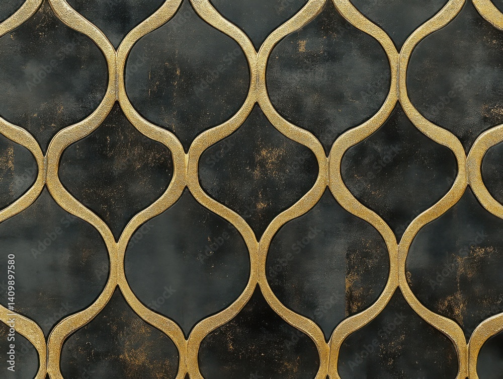 Poster a pattern of an arabic tile in black and gold, with a metallic sheen and a wavy line design, evoking