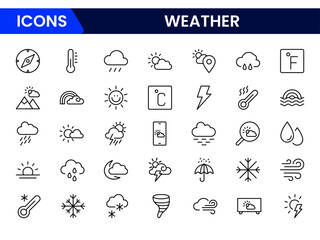 Fototapeta premium Vector illustration web line icon collection featuring sun, clouds, rain, snowflakes, and thermometers, representing various weather conditions, forecasts, and climate elements.