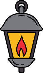 a camping lantern with a flame is lit
