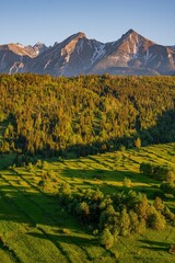 Obraz premium Green spring meadow with snowy mountains in the background and blue sky, small houses in the valley. Spring hiking in the mountain landscape. High Tatras NP, Slovakia. Osturna village