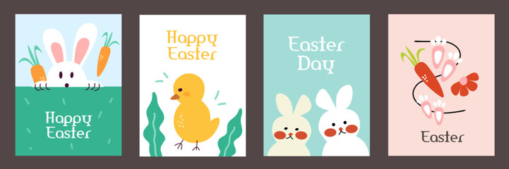 Happy easter day greeting card set. Hand drawn flat cartoon with cute bunny, flowers, chick, carrot, typography on colorful background. Vector illustration for vertical poster, banner, social media.