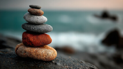 A pile of smooth rounded stones stacked carefully, set against a stunning ocean backdrop, the stones vary in color from gray to brown, casting soft tones that stand out against the dark waters beneath