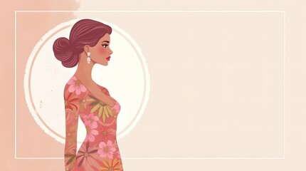 Illustration, banner. Elegant woman in floral dress posing on soft pastel background