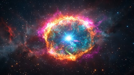 Obraz premium Vibrant Cosmic Nebula in Deep Space, A vibrant cosmic nebula with colorful gases and stars in deep space