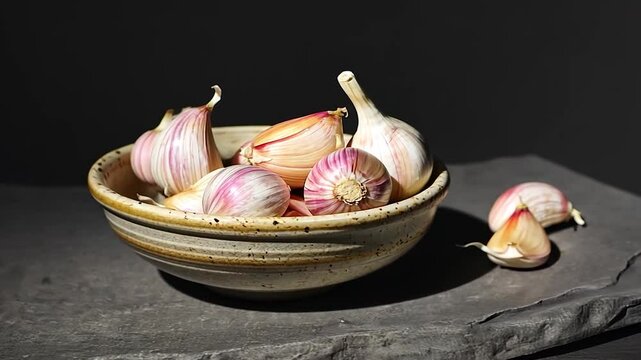 Still life of garlic bulbs in a ceramic bowl on a slate surface. Possible use Food photography, cooking website