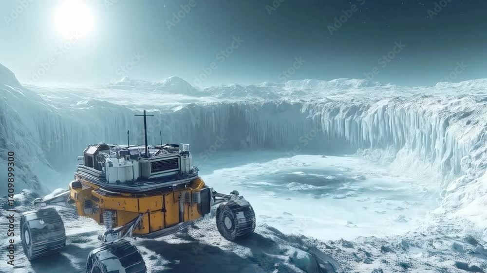 Poster a futuristic exploration rover navigates a frozen landscape on an alien planet, conducting analysis 
