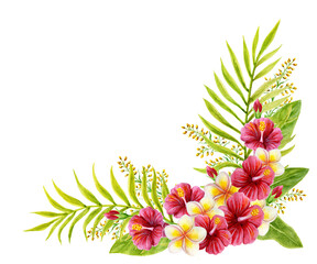 Tropical bouquet flowers with hibiscus, plumeria and palm leaves. Hand drawn watercolor painting.  Corner design element.