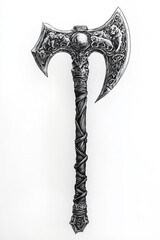 double-headed battle axe with intricate Norse-style carvings and a worn blade. The handle is wrapped in leather, giving it a rugged, ancient warrior look.