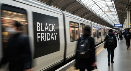 Black friday promotion on moving train in busy urban underground station