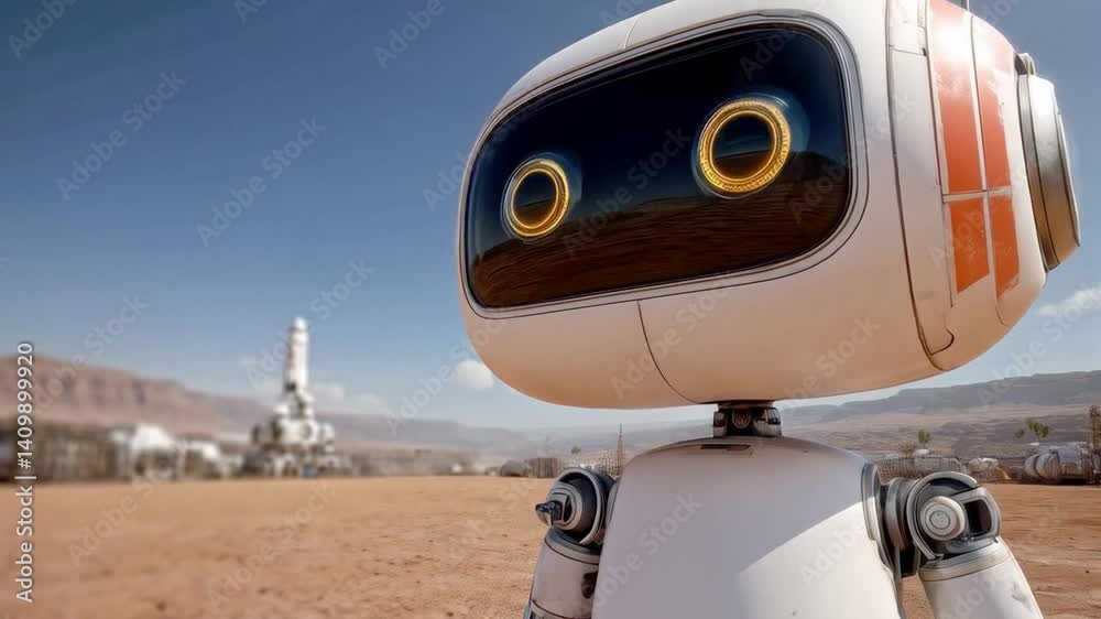 Poster A humanoid robot stands in a vast alien landscape, exploring and analyzing its surroundings. The sky is clear, and distant structures hint at advanced technology on this intriguing planet.