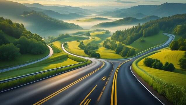 Winding mountain road, S-curve highway, lush green landscape, misty valleys, forested hills, golden hour lighting, scenic countryside, aerial perspective, smooth asphalt, yellow road markings, vibrant