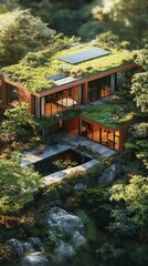 Obraz premium A stunning modern house sits harmoniously within a lush green landscape. The roof is adorned with plants and solar panels. A tranquil pond enhances the serene environment. Generative AI