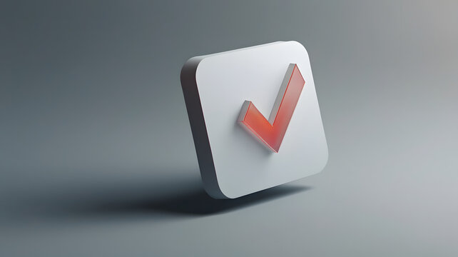 Checkmark symbol in 3D minimalistic style with soft shadows centered on a light neutral background