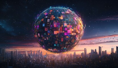 Futuristic sphere of vibrant data blocks hovers over a sprawling cityscape at sunset