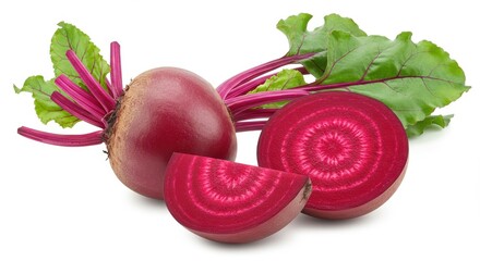 Fresh red beetroot whole and sliced with leaves on white background