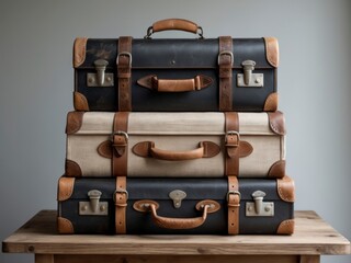 Stacked Vintage Suitcases on Wooden Table