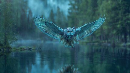 The owl’s soft plumage, a graceful mix of blue and white adorned with intricate patterns, frames its piercing yellow eyes, which are locked with intense focus on the fish.