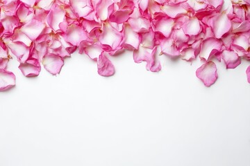Pink rose petals frame isolated on white background