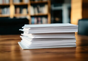 Stacks of Blank Paper on Wooden Table in Cozy Reading Room
