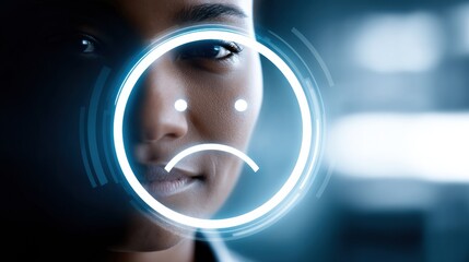 A close-up of a person"s face with a digital sad emoji overlay, conveying emotions and technology's influence on our feelings.