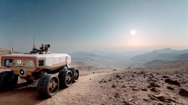 A humanoid exploration vehicle navigates a rocky terrain on an alien planet. The vast landscape stretches into the horizon beneath two glowing suns, highlighting advanced technology and exploration.